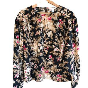 H&M Lightweight Long-Sleeved Floral Blouse, Black Tan Red Flowy, Women's Small